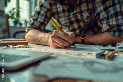 Marketing Manager's Creative Workspace: Pen Illustration and Strategic Planning Tools