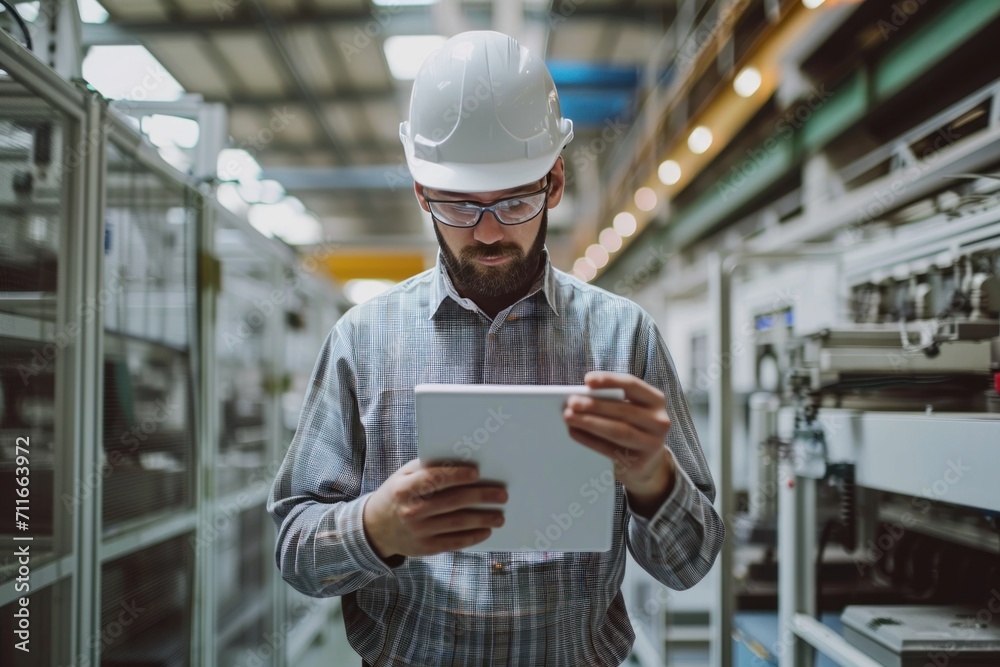 Contemplative engineer in a hard hat holding a tablet PC in the robot factory Contemplative engineer in a hard hat holding a tablet PC in the robot factory