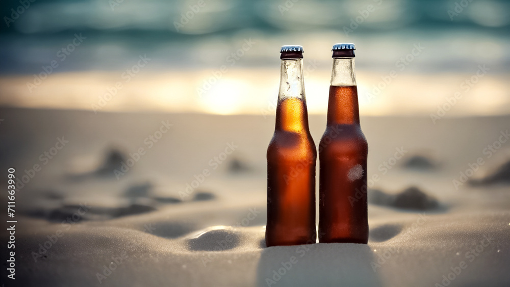 Il Sapore del Mare- Bottiglie di Birra Gelida sulla Spiaggia di Sabbia, Ampio Spazio per il Relax Il Sapore del Mare- Bottiglie di Birra Gelida sulla Spiaggia di Sabbia, Ampio Spazio per il Relax