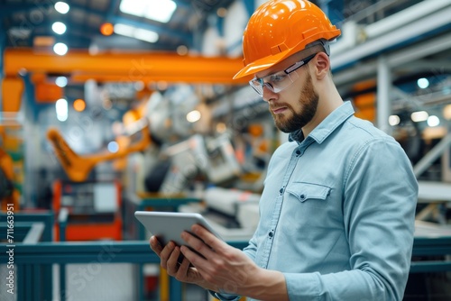 Contemplative engineer in a hard hat holding a tablet PC in the robot factory