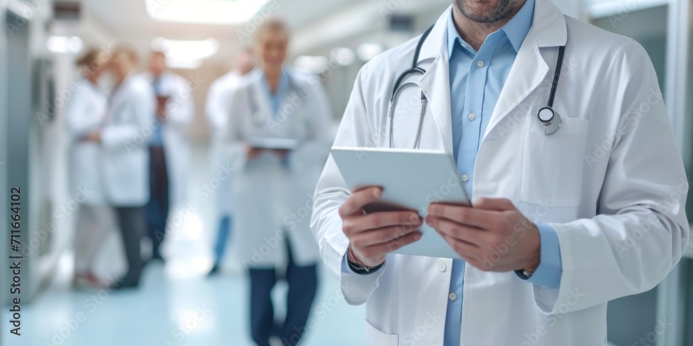Happy doctor and team use tablet for managing work in healthcare hospital Happy doctor and team use tablet for managing work in healthcare hospital