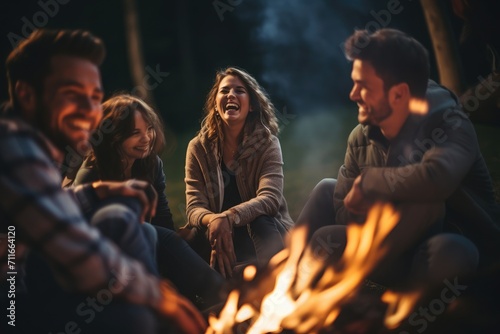 A group of friends sitting around a bonfire and laughing, High and short depth of field, knitted style, 16k, high resolution 