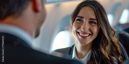 Pretty smiling air hostess looking talking to businessman photo