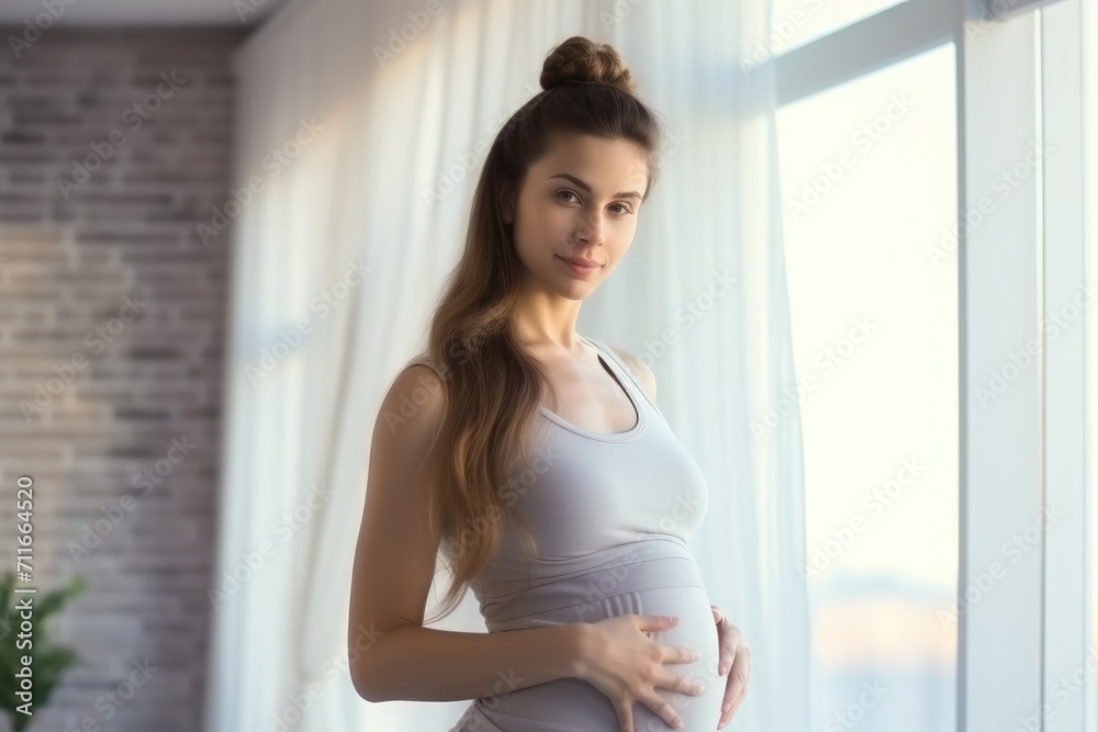 A portrait of a beautiful young pregnant woman with athletic sport outfit for yoga and pilates touching her belly with a baby at home in the morning A portrait of a beautiful young pregnant woman with athletic sport outfit for yoga and pilates touching her belly with a baby at home in the morning