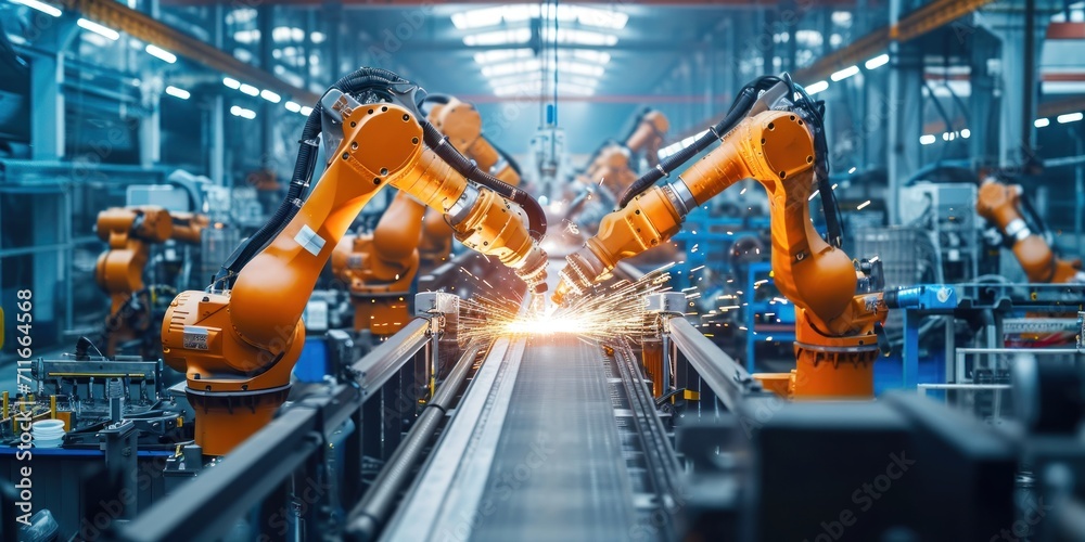 Welding robots movement in a modern industrial factory Welding robots movement in a modern industrial factory