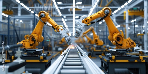 Welding robots movement in a modern industrial factory