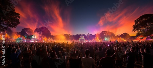 Blurred background of vibrant music festival scene with stages, crowds, flags, and sunlit haze