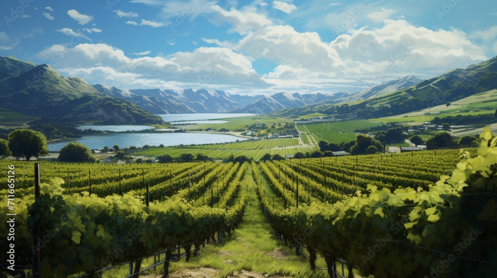 A highly detailed kiwi vineyard with lush vines and ripe, fuzzy kiwis, capturing their unique texture and earthy colors - Generative AI