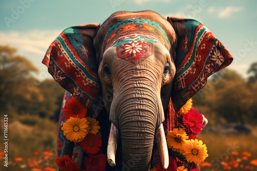 elephant with a beautifully flower scarf photo