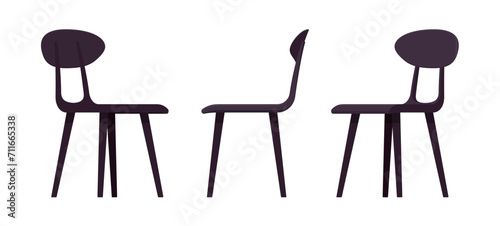 Kitchen dining black chairs set, bistro tea table, breakfast bar. Living room, natural wooden family cafe interior. Vector flat style cartoon home, office furniture objects isolated, white background