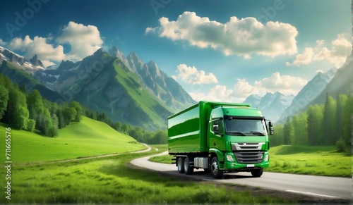 Green energy and transportation concept with green truck driving trough lush green scenery with forest and mountains