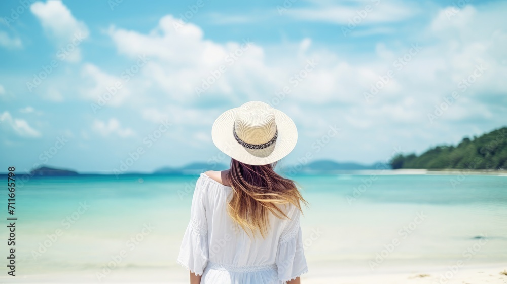 Happy traveler woman in white dress and hat standing on beautiful tropical sandy beach. vacation concept.