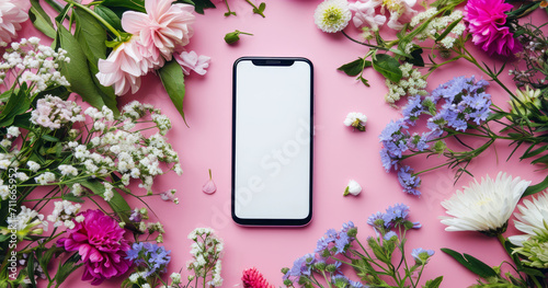 A modern smartphone with a blank white screen mock-up surrounded by delicate colorful Spring flowers on a soft pink background. For Springtime Holidays app promos and presentations. photo