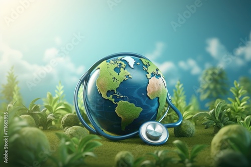 World Globe and Stethoscope with world earth day and world health day concept green plants background