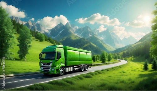 Green energy and transportation concept with green truck driving trough lush green scenery with forest and mountains © Maftuh