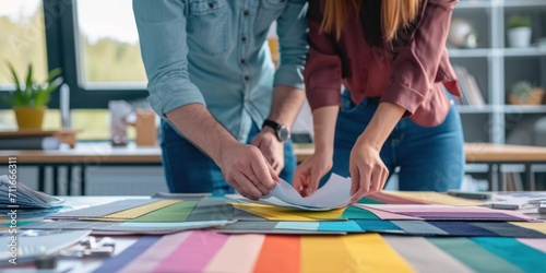 photograph of A couple of Professional interior designers checking fabric swatches