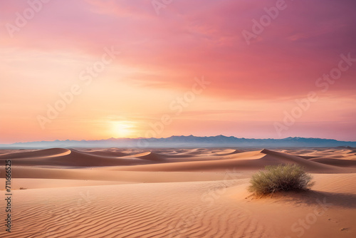 Watercolor painting landscape - pastel sunset over a vast desert landscape with silhouetted sand dunes. Abstract colorful illustration. Generative AI.
