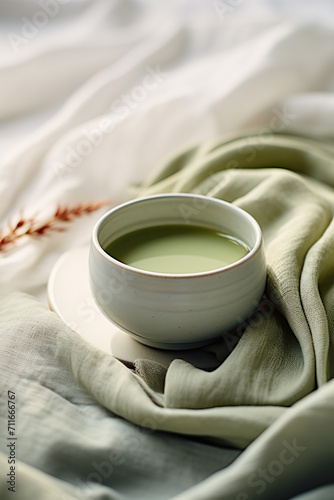 hot matcha tea in a white ceramic cup on the bed.