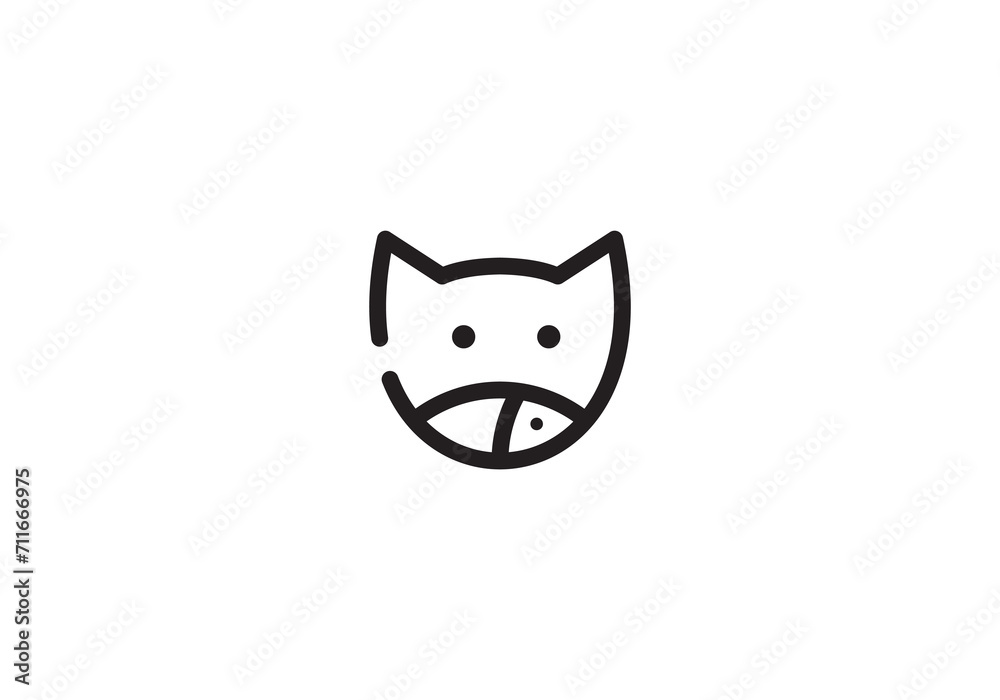 cat and fish logo design. pet care line art style icon template