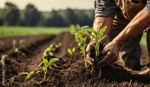 Agriculture banner with farmer's hand planting seedling in the ground out in the field