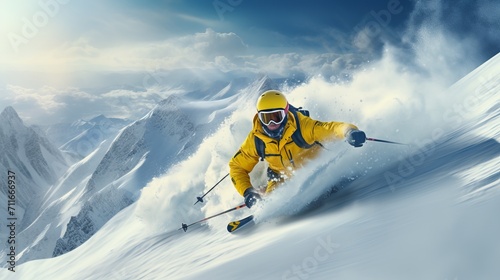 Adventurous skier enjoying thrilling downhill skiing on a sunny day in majestic high mountains © Ilja