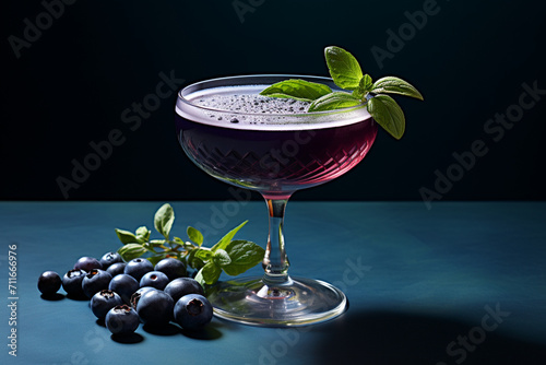 A deep blueberry and basil cocktail in a stylish coupe glass, against a rich indigo monochrome.