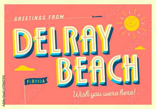 Greetings from Delray Beach, Florida, USA - Wish you were here! - Touristic Postcard. Vector Illustration.