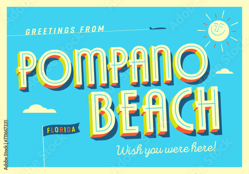 Greetings from Pompano Beach, Florida, USA - Wish you were here! - Touristic Postcard. Vector Illustration.
