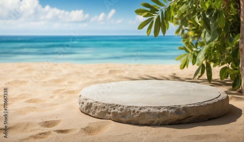 Flat stone with empty space for product placement in tropical summer sea background