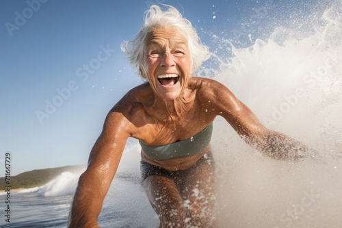 Full body photograph of a lady surfing ,around 55 years old, a little overweight, short grey-haired woman, white woman, surf board © sambath
