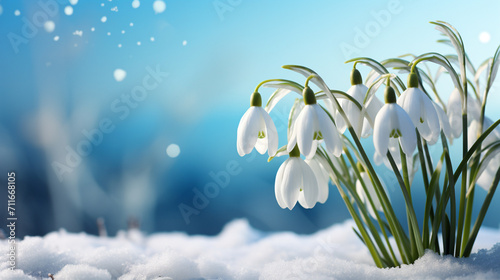 Snowdrop flowers in the snow. Spring nature background. AI Generative