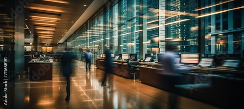 Blurred bokeh effect in a busy banking hall with teller windows and customer interactions.