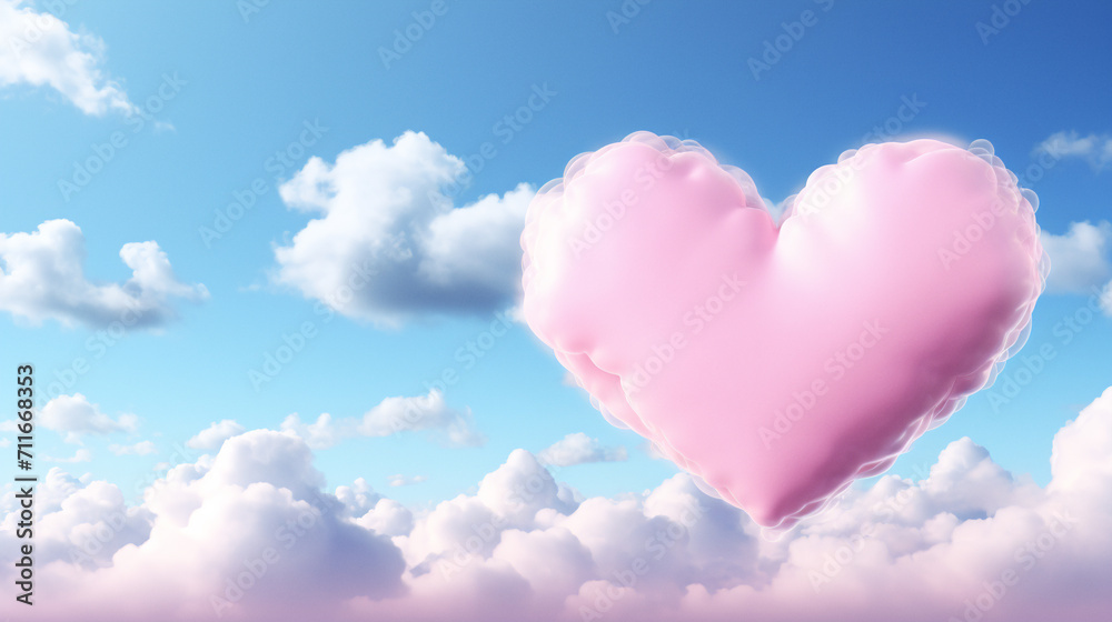 Fototapeta premium Pink heart in the blue sky with clouds. 3d illustration. AI Generative