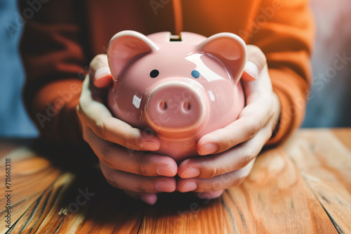 Hands holding a pink piggy bank photo