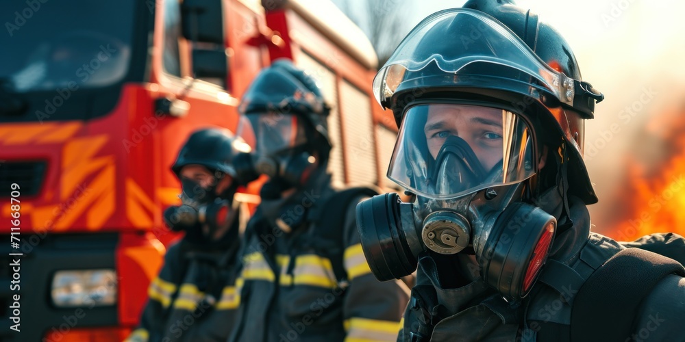 Portrait of happy fireman team with gas mask and helmet near fire engine Portrait of happy fireman team with gas mask and helmet near fire engine