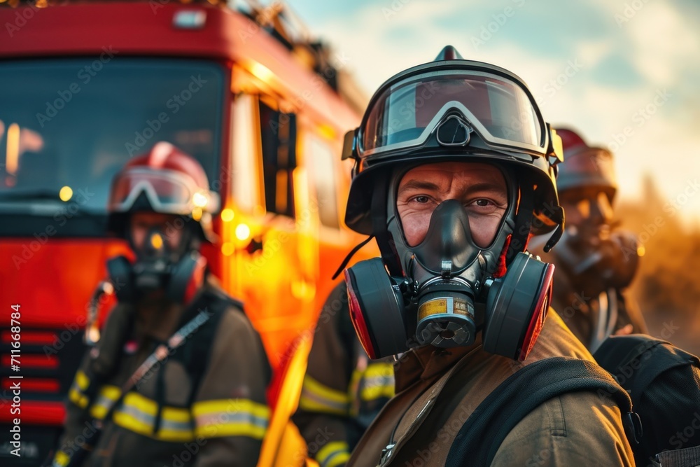 Portrait of happy fireman team with gas mask and helmet near fire engine Portrait of happy fireman team with gas mask and helmet near fire engine