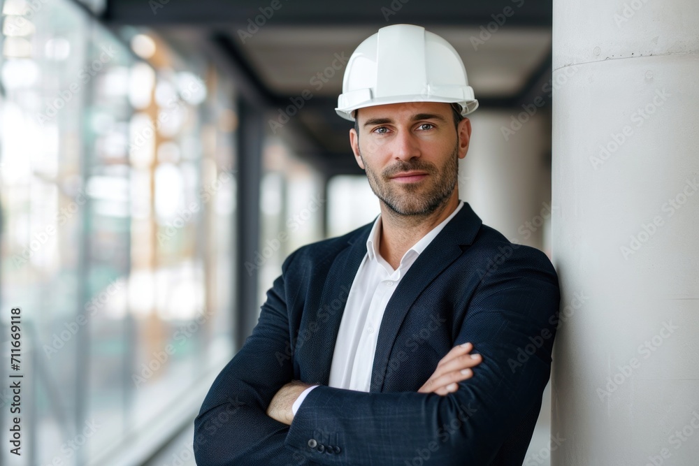 Smart and handsome model engineer or businessman in suit wearing a hardhat standing across arm in front of the office