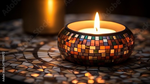 A hyper-detailed candle lid adorned with an elegant mosaic pattern, positioned artistically on a corner surface, showcasing realistic reflections and impeccable attention to detail - Generative AI