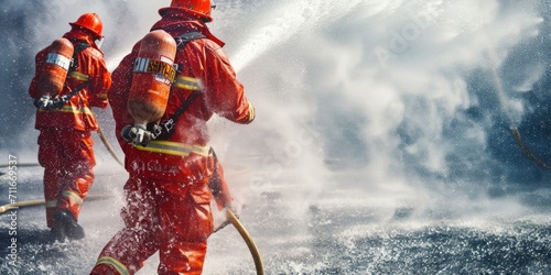 Firemen wearing firefighter suits for safety using water and extinguishers to fight fire flames in an emergency photo