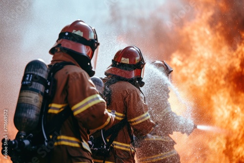 Firemen wearing firefighter suits for safety using water and extinguishers to fight fire flames in an emergency