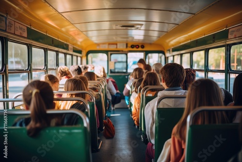 Inside of a school bus with kids 