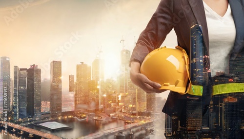Double exposure image of construction worker holding safety helmet and construction drawing against the background of surreal construction site in the city.ai generated