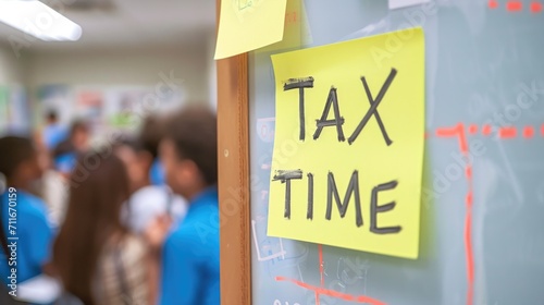 Sticky note with "TAX TIME" attached to a whiteboard in a classroom setting with students generative ai