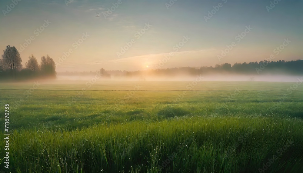 Green rice fields natural landscapes with clear sky. Fog in the valley. Sunlight entering the valley and on the mountains. Beautiful summer morning.ai generated