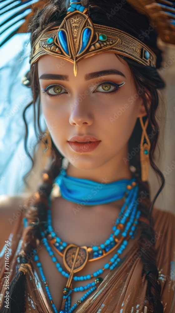 Woman in the Goddess Ancient Mesopotamia Beauty Style - Beautiful Goddess Girl Background created with Generative AI Technology