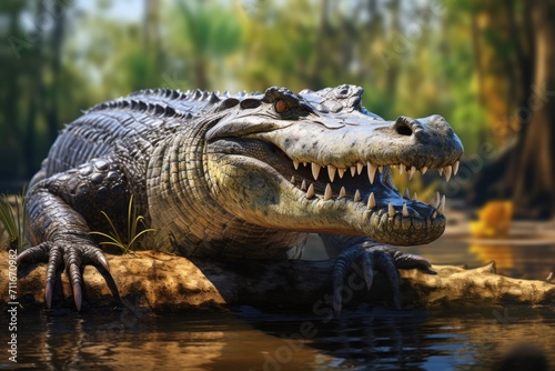 Saltwater crocodile in sunny swamp.