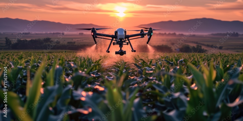 Aerial view of drone flying to spray fertilizer on corn fields, mountains is background,