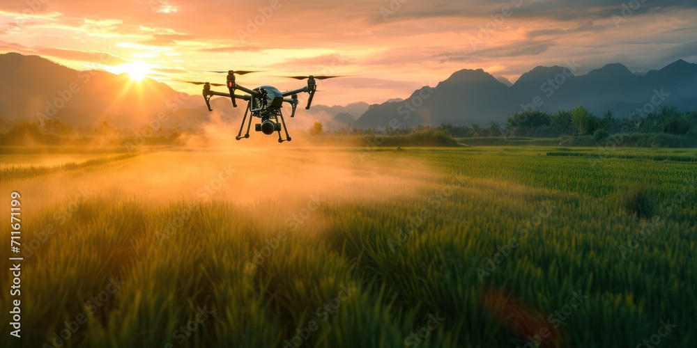 Aerial view of drone flying to spray fertilizer on rice fields, mountains is background