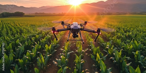 Aerial view of drone flying to spray fertilizer on corn fields, mountains is background,