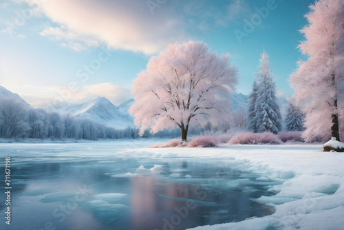 Watercolor painting landscape - winter landscape with ice-covered trees and a tranquil frozen lake. Abstract colorful illustration. Generative AI.